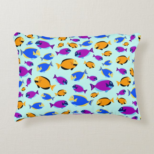 Colorful Tropical Fish Pattern in Blue Sea  Accent Pillow (Front)
