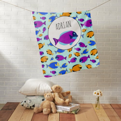 Colorful Tropical Fish Pattern in Blue Sea Baby Blanket