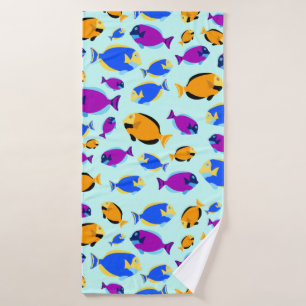 Colorful Tropical Fish Pattern in Blue Sea Bath Towel
