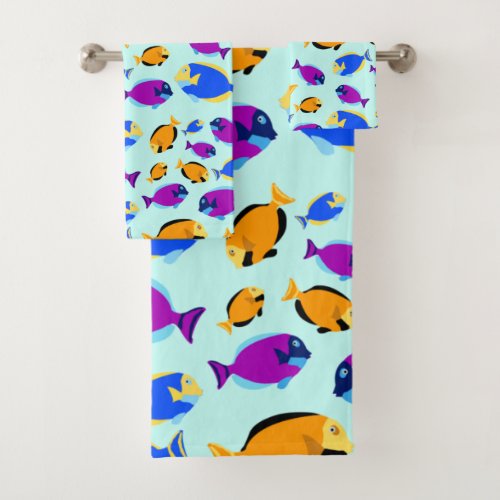 Colorful Tropical Fish Pattern in Blue Sea Bath Towel Set