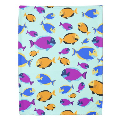 Colorful Tropical Fish Pattern in Blue Sea Duvet Cover