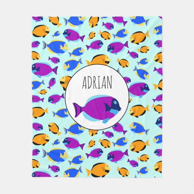Colorful Tropical Fish Pattern in Blue Sea Fleece Blanket (Front)