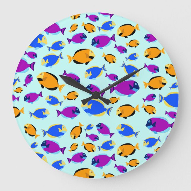 Colorful Tropical Fish Pattern in Blue Sea Large Clock (Front)
