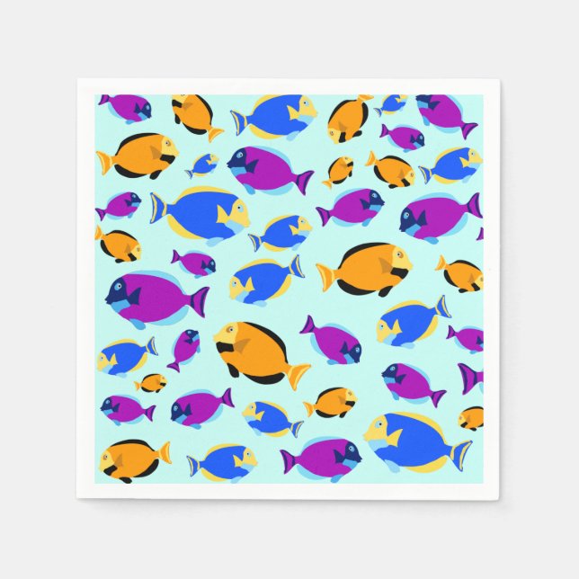 Colorful Tropical Fish Pattern in Blue Sea Napkins (Front)