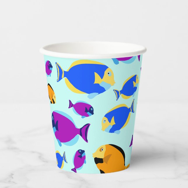 Colorful Tropical Fish Pattern in Blue Sea  Paper Cups (Front)