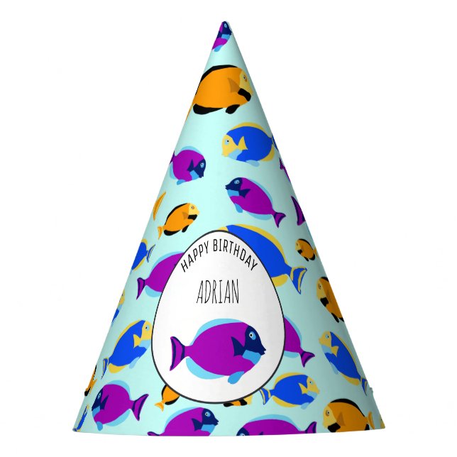 Colorful Tropical Fish Pattern in Blue Sea Party Hat (Front)