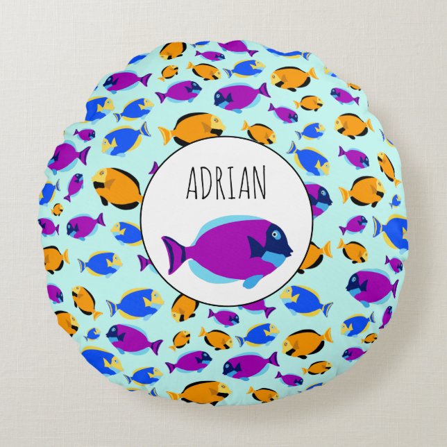 Colorful Tropical Fish Pattern in Blue Sea Round Pillow (Front)