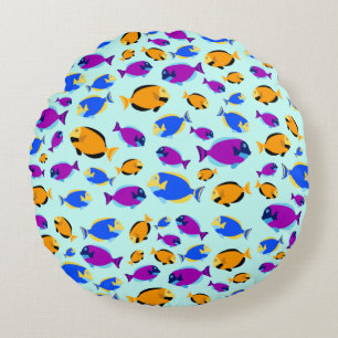 Colorful Tropical Fish Pattern in Blue Sea Round Pillow