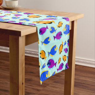 Colorful Tropical Fish Pattern in Blue Sea Short Table Runner