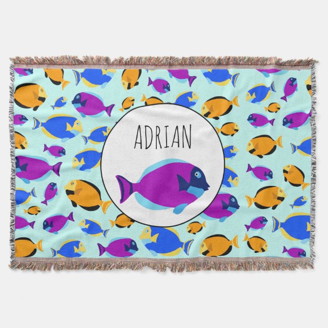 Colorful Tropical Fish Pattern in Blue Sea Throw Blanket (Front)