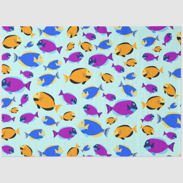 Colorful Tropical Fish Pattern in Blue Sea Tissue Paper (Front)