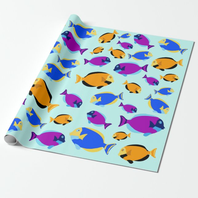 Colorful Tropical Fish Pattern in Blue Sea Wrapping Paper (Unrolled)