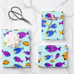 Colorful Tropical Fish Pattern in Blue Sea Wrapping Paper Sheets