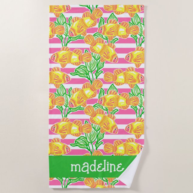 Colorful Tropical Fish Pattern Personalized Beach Towel (Front)