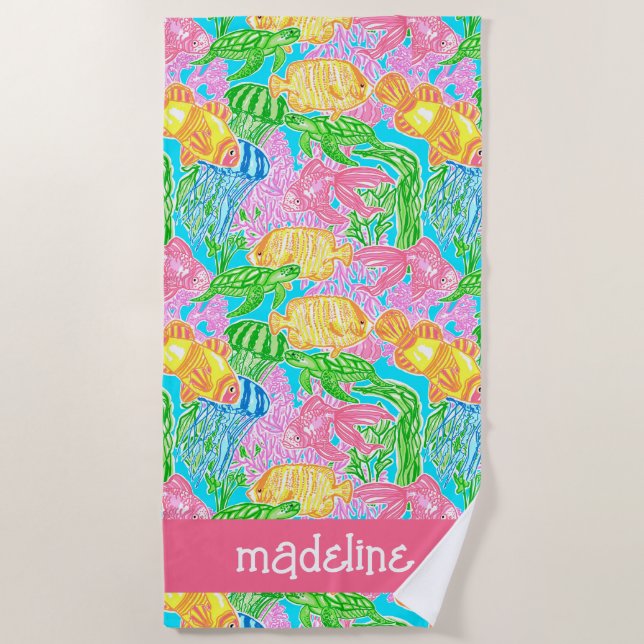Colorful Tropical Fish Pattern Personalized Beach Towel (Front)