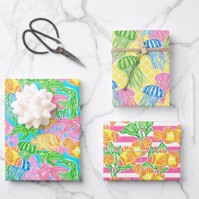 Colorful Tropical Fish Pattern Wrapping Paper Sheets (Front)