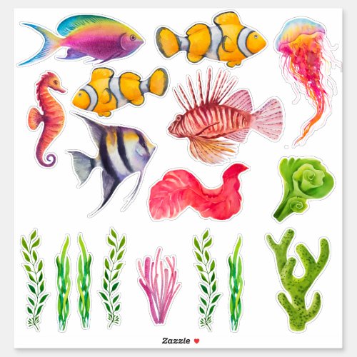 Colorful Tropical Fish Seahorse Jellyfish Ocean Sticker