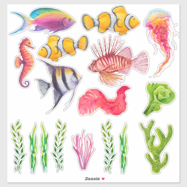 Colorful Tropical Fish Seahorse Jellyfish Ocean Sticker (Sheet)