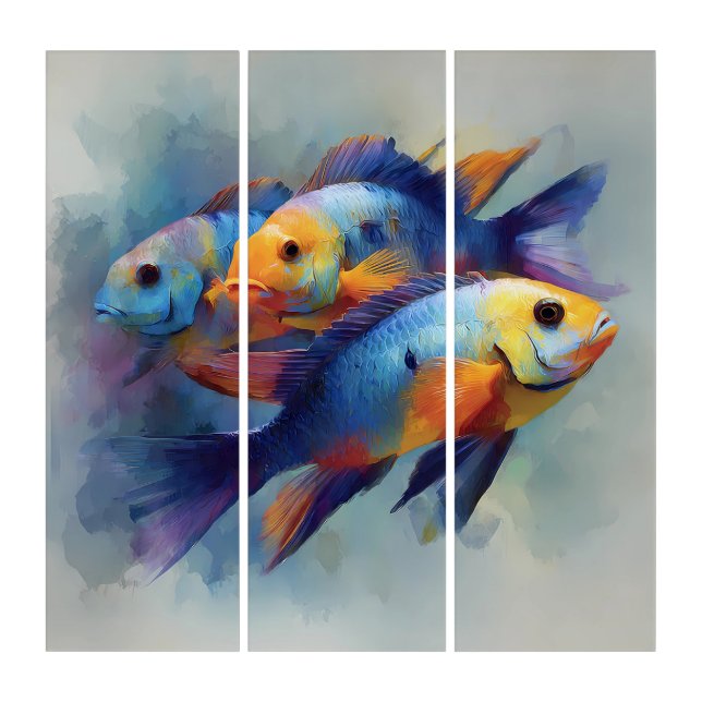 Colorful Tropical Fish Triptych Canvas Wall Art (Front)