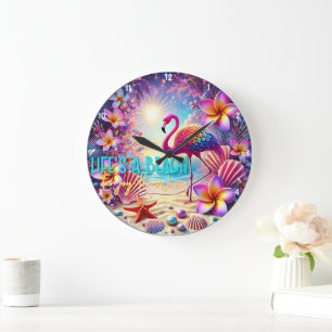 Colorful Tropical Flamingo Sunset Beach Large Clock