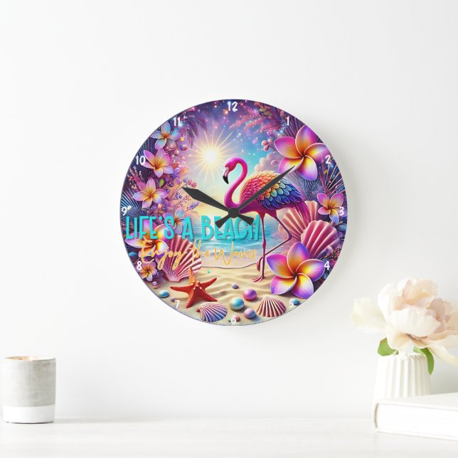 Colorful Tropical Flamingo Sunset Beach Large Clock (Home)