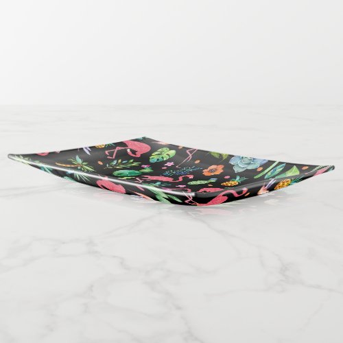 Colorful Tropical Flamingos  Flowers Pattern Trinket Tray