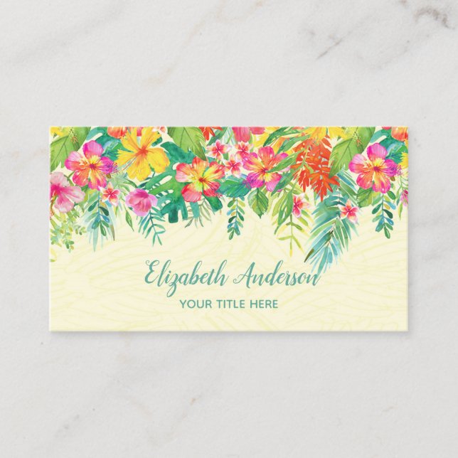 Colorful Tropical Floral and Flamingo Business Card (Front)