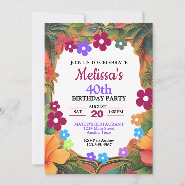Colorful Tropical Floral Birthday Party Invitation (Front)