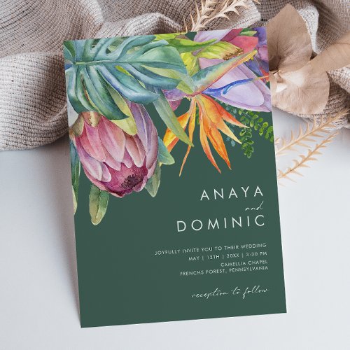 Colorful Tropical Floral Casual  Green Wedding Invitation