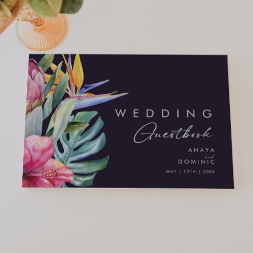 Colorful Tropical Floral  Dark Purple Wedding Guest Book