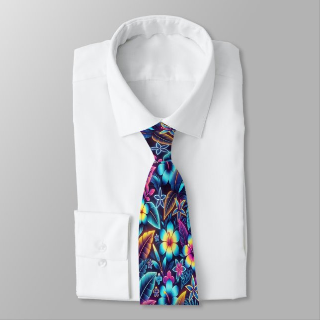 Colorful Tropical Floral Design Neck Tie (Tied)