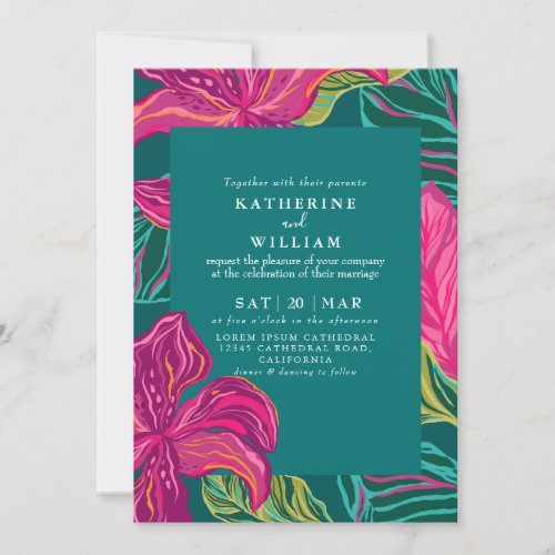 Colorful Tropical Floral Emerald green Wedding Invitation