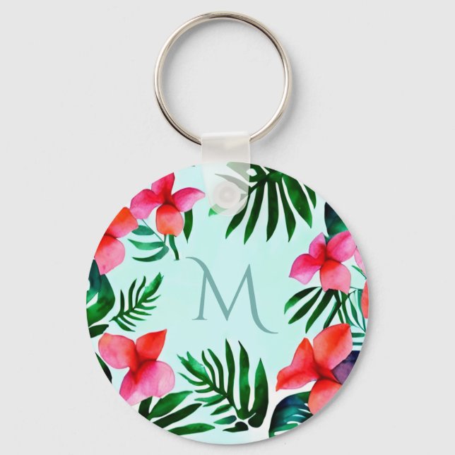 Colorful Tropical Floral Foliage Watercolor Custom Keychain (Front)