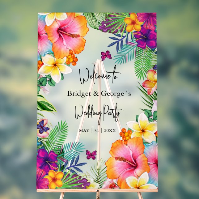 Colorful tropical Floral Frosted Wedding Welcome Acrylic Sign (Neutral)