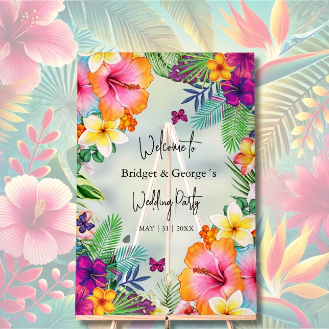 Colorful tropical Floral Frosted Wedding Welcome Acrylic Sign (Creator Uploaded)