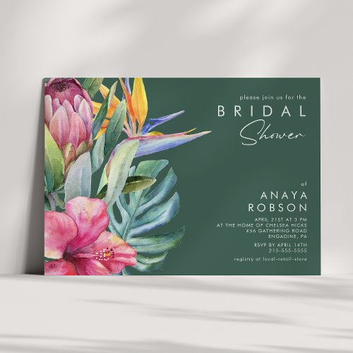 Colorful Tropical Floral  Green Bridal Shower Invitation