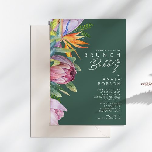 Colorful Tropical Floral  Green Brunch and Bubbly Invitation