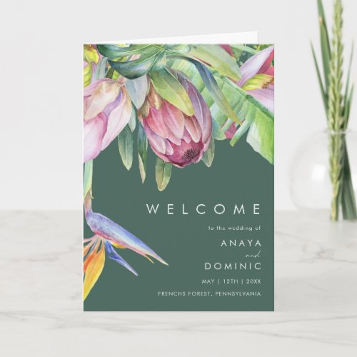 Colorful Tropical Floral  Green Folded Wedding Program