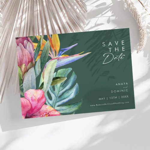 Colorful Tropical Floral  Green Horizontal Save The Date