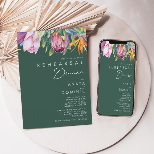 Colorful Tropical Floral  Green Rehearsal Dinner Invitation