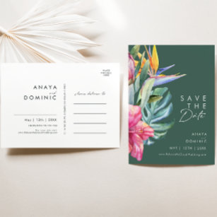 Colorful Tropical Floral   Green Save The Date Invitation Postcard