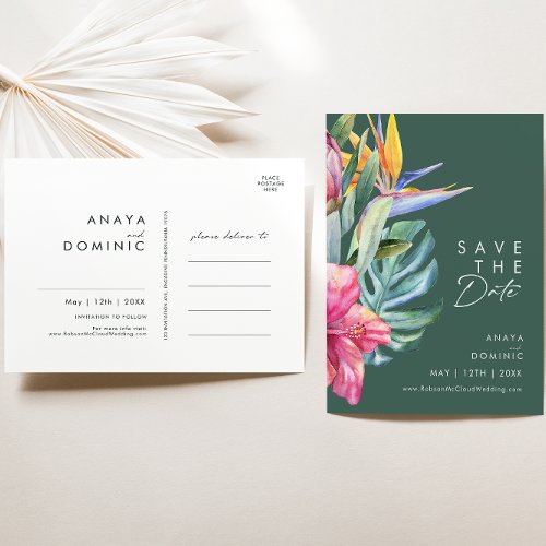 Colorful Tropical Floral  Green Save The Date Invitation Postcard