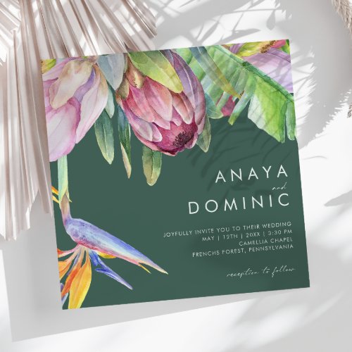 Colorful Tropical Floral  Green Square Wedding Invitation