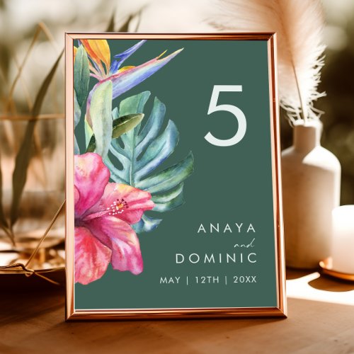 Colorful Tropical Floral  Green Table Number
