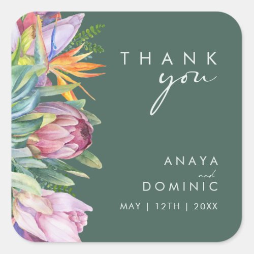 Colorful Tropical Floral  Green Thank You Wedding Square Sticker