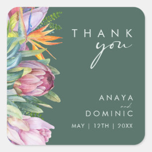 Colorful Tropical Floral   Green Thank You Wedding Square Sticker