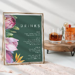 Colorful Tropical Floral | Green Wedding Drinks Poster<br><div class="desc">This colorful tropical floral | green wedding drinks poster is perfect for your modern boho destination green, purple, peach wedding. Design features an elegant bouquet of classic beach watercolor greenery and flowers, including sage green eucalyptus, mauve and red protea, blush pink hibiscus, orange and blue bird of paradise, and dark...</div>