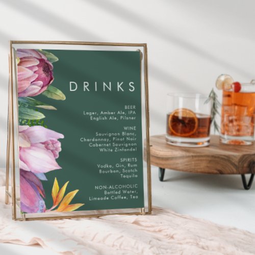 Colorful Tropical Floral  Green Wedding Drinks Poster