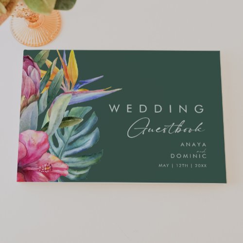 Colorful Tropical Floral  Green Wedding Guest Boo Guest Book