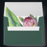 Colorful Tropical Floral Green Wedding Invitation Envelope<br><div class="desc">This colorful tropical floral green wedding invitation envelope is perfect for your modern boho destination, green, purple, peach wedding. Design features an elegant bouquet of classic beach watercolor greenery and flowers that may include sage green eucalyptus, mauve and red protea, blush pink hibiscus, orange and blue bird of paradise, and...</div>